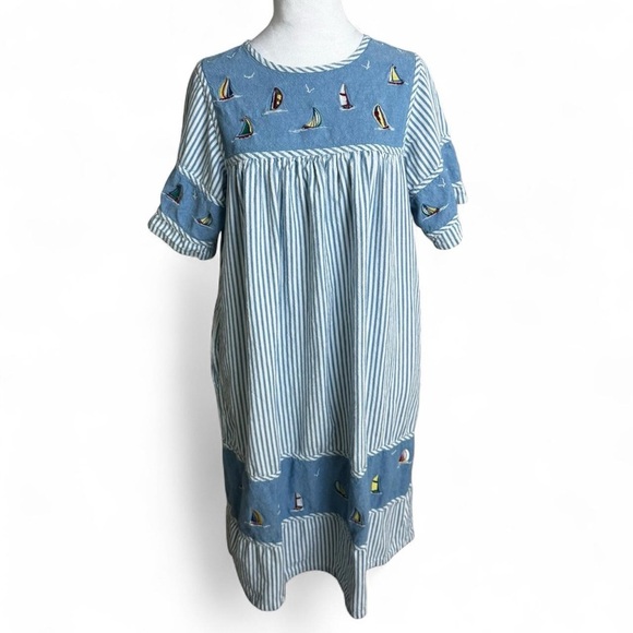 90s medium sailboat moo moo summer dress blue white stripe - Picture 1 of 8